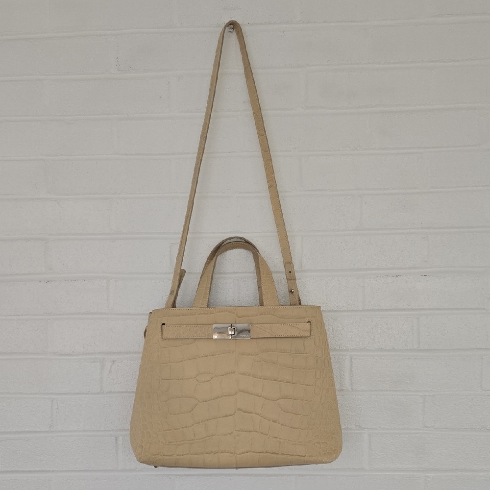 Furla Light Cream Croc Embossed Leather Presslock Tote Vintage